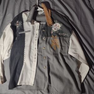 Embroidered Patchwork Button-Up Shirt